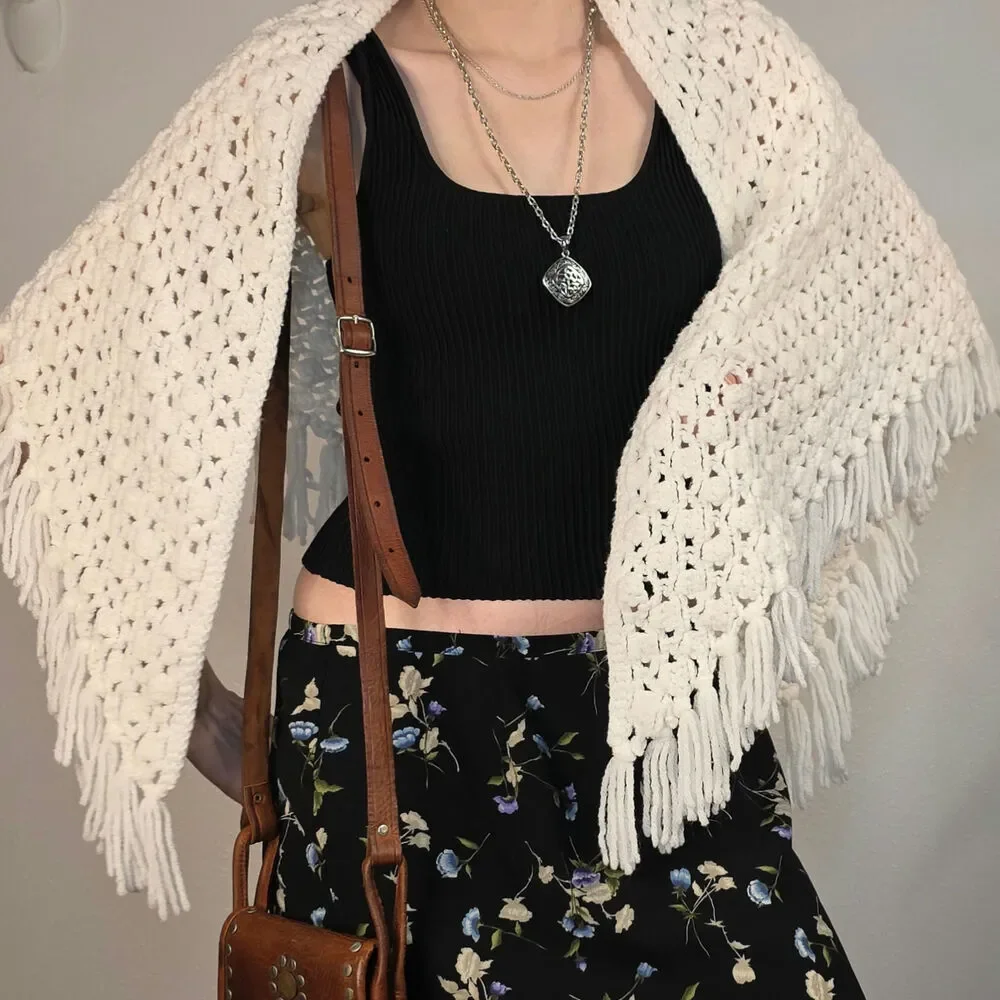 Hand Crochet White Fringe Shawl Boho Cottagecore Festival Wrap Poncho
